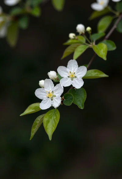 Close up of white blossoms on a branch against a dark blurred
