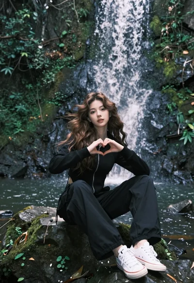 Young woman in black hoodie sitting on rock near lush waterfall in