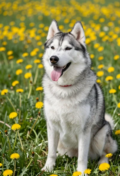 Fluffy siberian husky sitting in a meadow of yellow dandelions