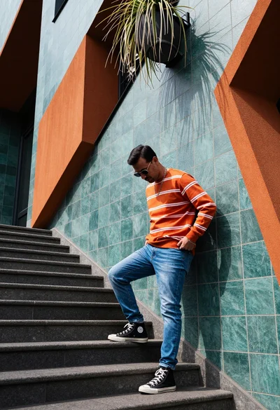 Man leaning against modern geometric orange and teal architectural wall
