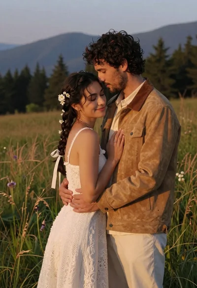 Young couple embracing in a grassy field at sunset with mountains