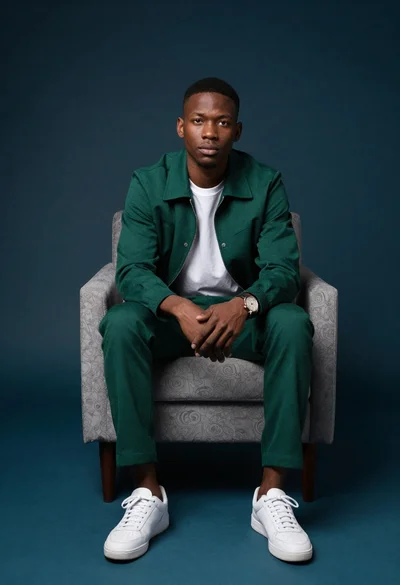 Young black man seated in armchair against teal background