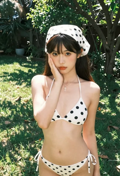 Young woman in polka dot bikini posing on lush green lawn outdoors