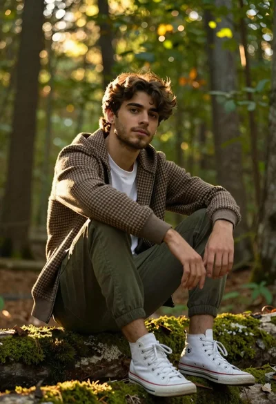 Handsome young man with brown hair sitting on log in sunlit forest