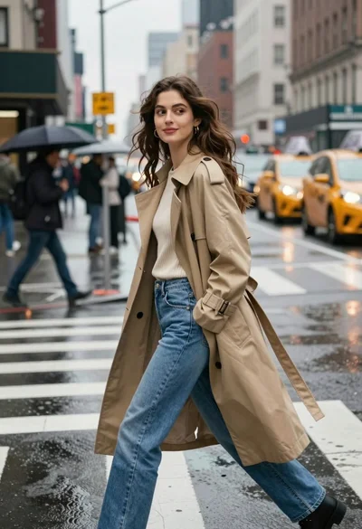 Young woman in trench coat walking across wet city crosswalk