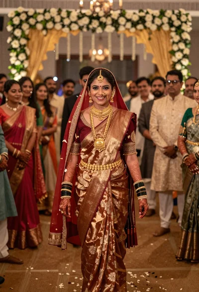 Smiling bride walking down aisle amidst flower petals at indian wedding