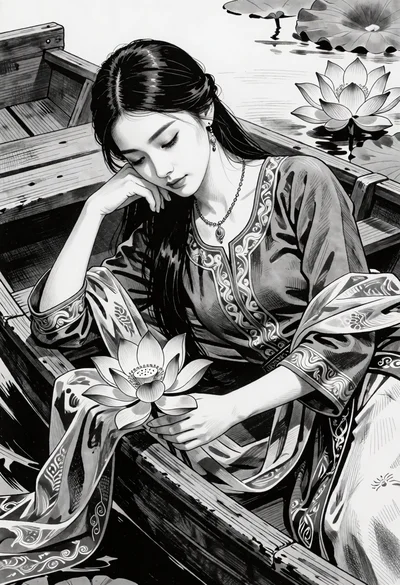Black and white portrait of woman in wooden boat holding lotus flower