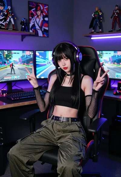 East asian woman in cyberpunk gaming setup portrait