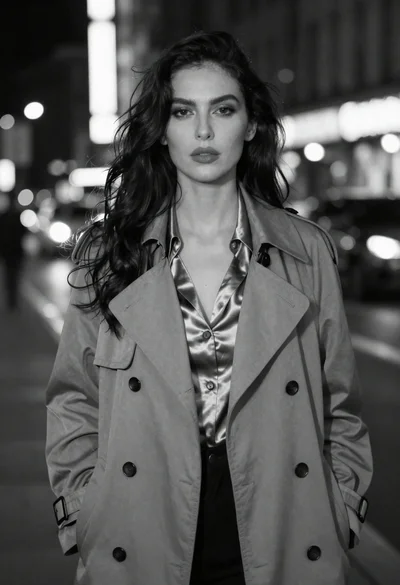Black and white portrait of woman on urban street at night