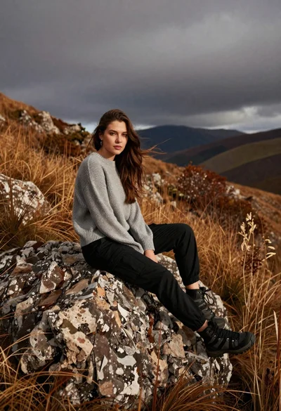 Young woman in grey sweater on rock in autumnal mountain landscape