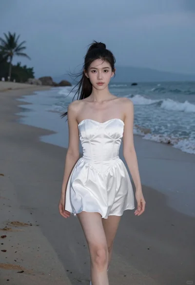 Young woman in white dress walking on sandy beach at dusk