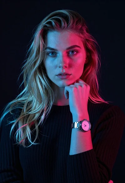 Young woman with long blonde hair in dark sweater posing with watch