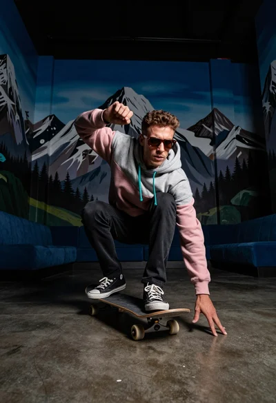 Man crouching on skateboard in room with surreal mountain murals
