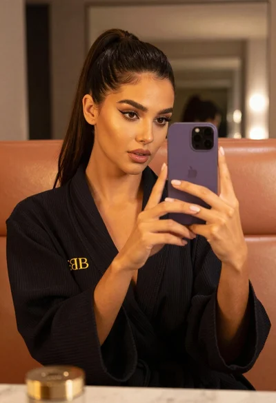 Woman taking mirror selfie in black bathrobe on peach sofa
