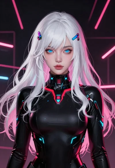 Cyberpunk portrait of woman with white hair and blue eyes