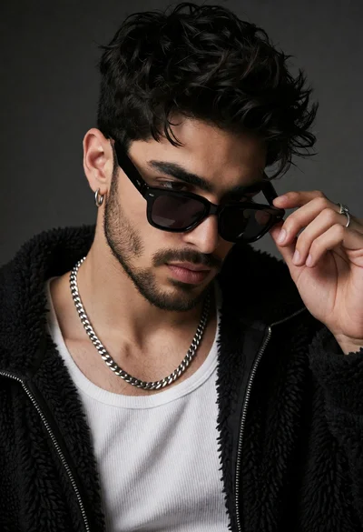 Close up portrait of young man adjusting sunglasses in a dark studio