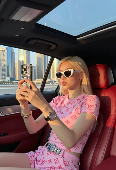 Young woman taking mirror selfie in luxury car against dubai skyline