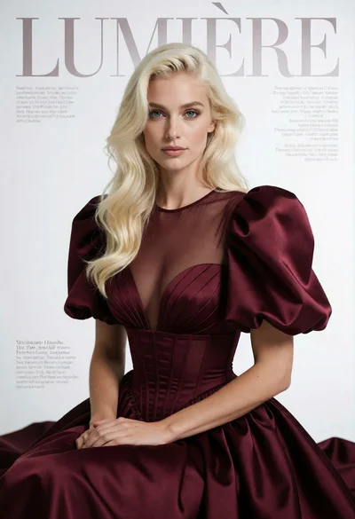 High fashion portrait of blonde woman in burgundy gown against white studio