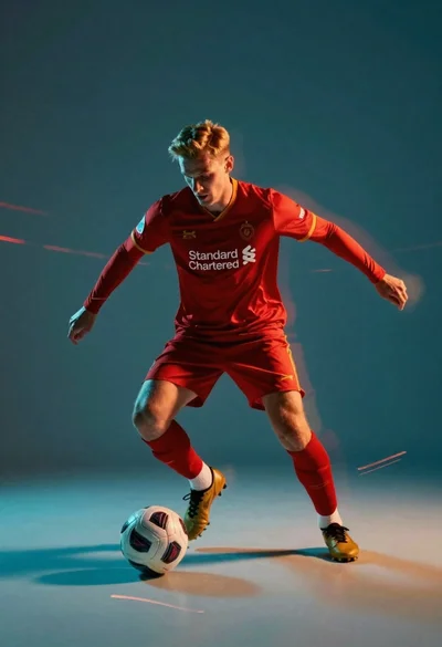 Male soccer player in red jersey dribbling ball with motion blur