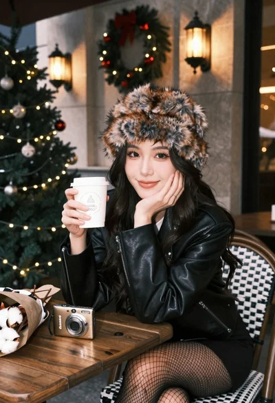 Young woman in fur hat at cozy outdoor cafe during christmas