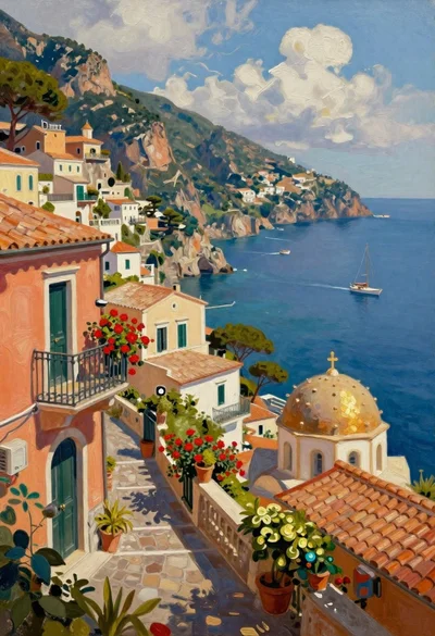 Oil painting of sundrenched coastal village on cliffs