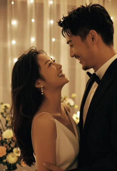 Laughing couple in formal wear sharing an intimate moment indoors
