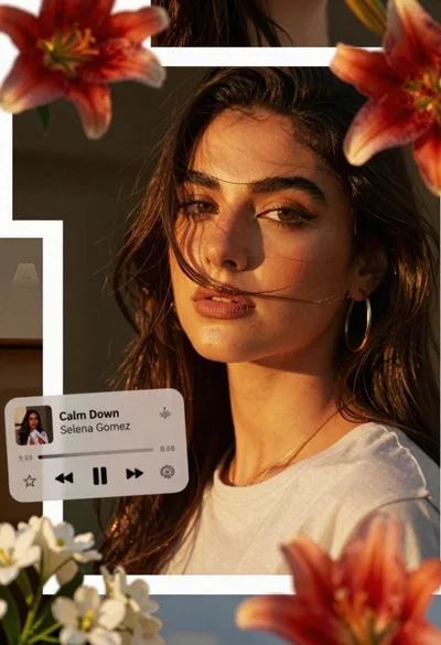 Collage style portrait of young woman with dark hair and floating music