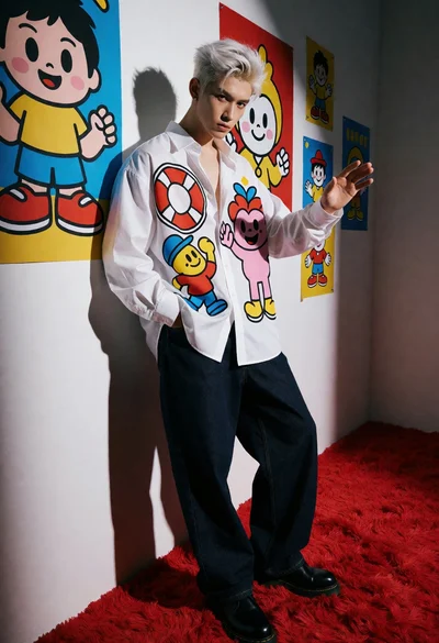 Young man in oversized shirt posing against colorful cartoon posters indoors
