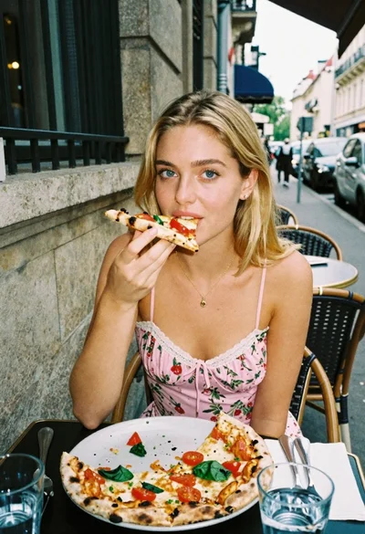 Blonde woman eating pizza at an outdoor european cafe table