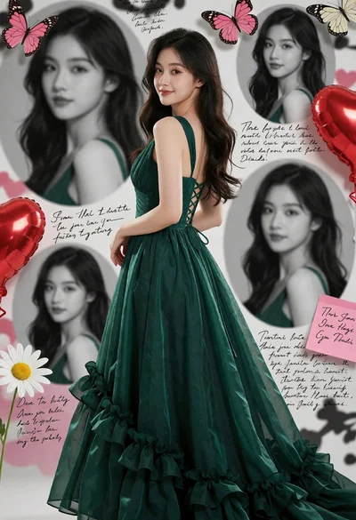 Young woman in emerald gown against collage background with butterflies