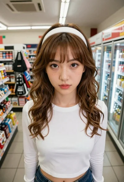 Woman taking selfie in brightly lit convenience store aisle