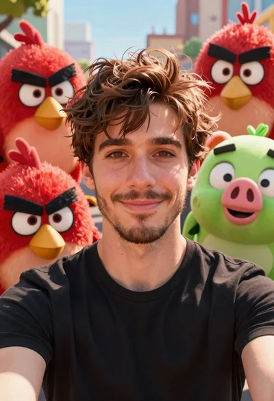 Young man smiling selfie surrounded by colorful angry birds characters