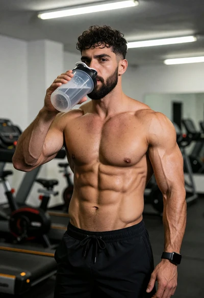 Muscular man drinking from shaker bottle in an indoor gym setting
