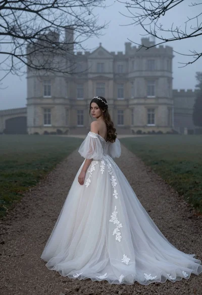 Woman in white wedding gown on gravel path before misty castle
