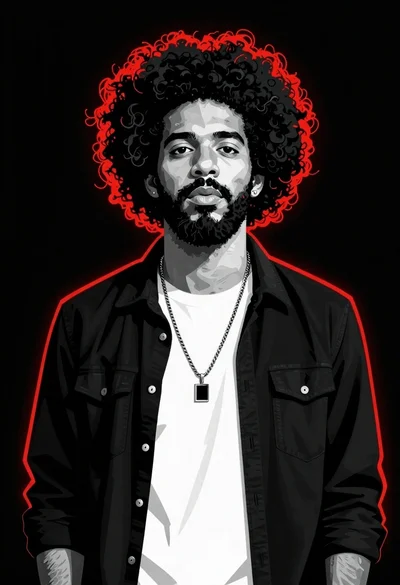 Stylized portrait of man with afro beard in black and white with