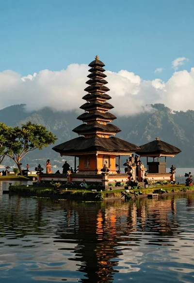 Majestic balinese style temple on grassy island in calm lake setting