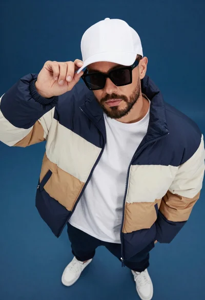 Confident man in color blocked puffer jacket tips white cap against blue