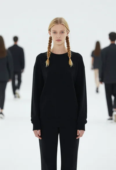 Fair skinned blonde woman in black tunic standing against white background