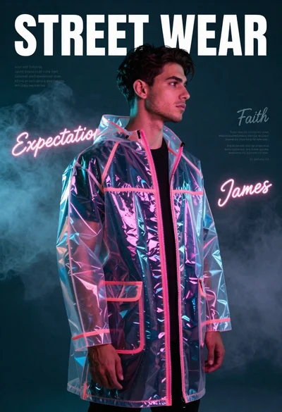 Young man in iridescent raincoat standing in smoky studio with neon lights