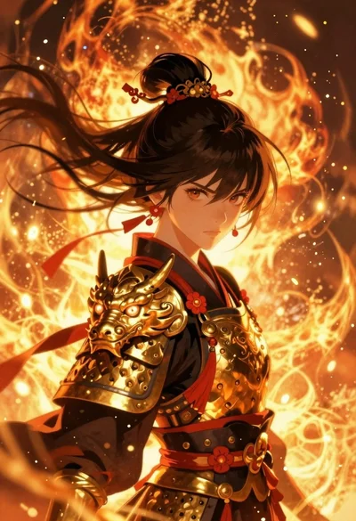 Anime warrior woman in dragon armor amidst swirling flames