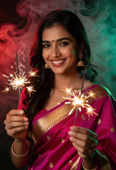 Smiling woman in magenta saree holding lit sparklers against colorful smoke background