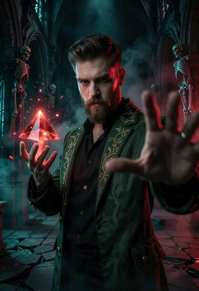 Bearded man in green coat holding glowing red pyramid inside gothic cathedral