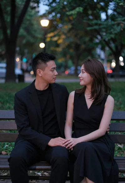 Couple sitting closely on park bench at dusk