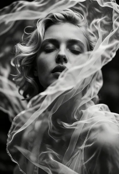 Close up black and white portrait of blonde woman veiled in sheer