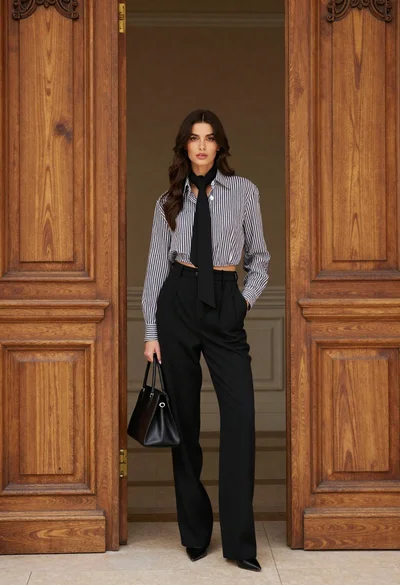 Stylish woman in striped shirt standing between large ornate wooden doors