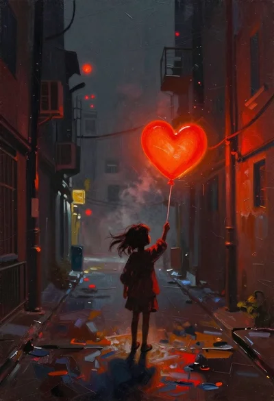 Child holding glowing balloon in dimly lit alleyway