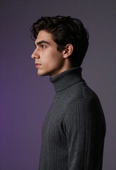 Close up profile portrait of young man in dark turtleneck sweater
