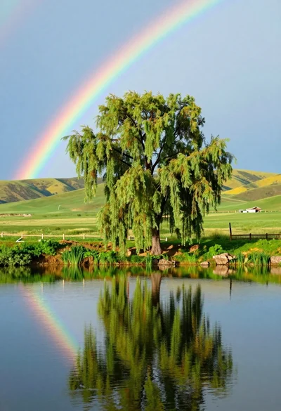 Hyperrealistic landscape of weeping willow tree reflecting rainbow on calm lake