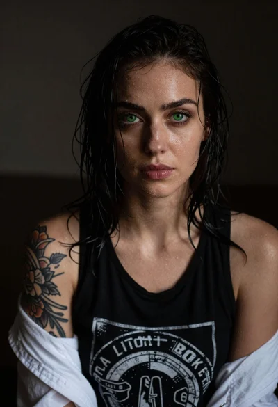 Moody portrait of darkhaired woman with green eyes