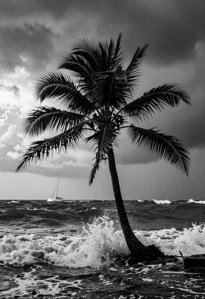 Dramatic black and white seascape of palm tree battling violent storm waves